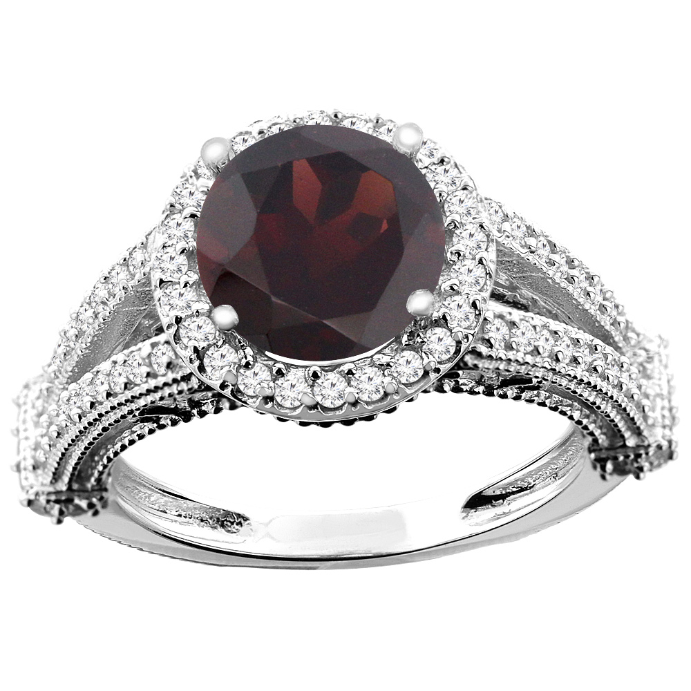 14K White/Yellow/Rose Gold Natural Garnet Ring Round 8mm Diamond Accent, sizes 5 - 10