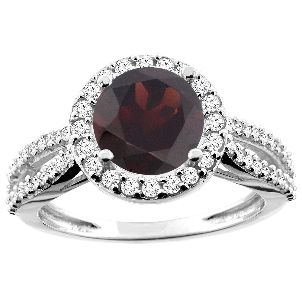 10K White/Yellow/Rose Gold Natural Garnet Ring Round 8mm Diamond Accent, sizes 5 - 10