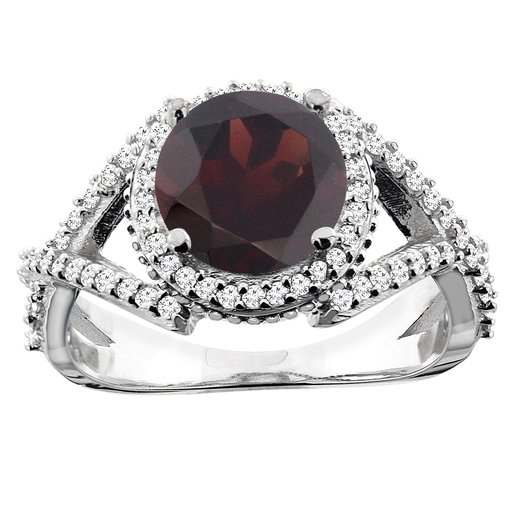 14K White/Yellow/Rose Gold Natural Garnet Ring Round 8mm Diamond Accent, sizes 5 - 10