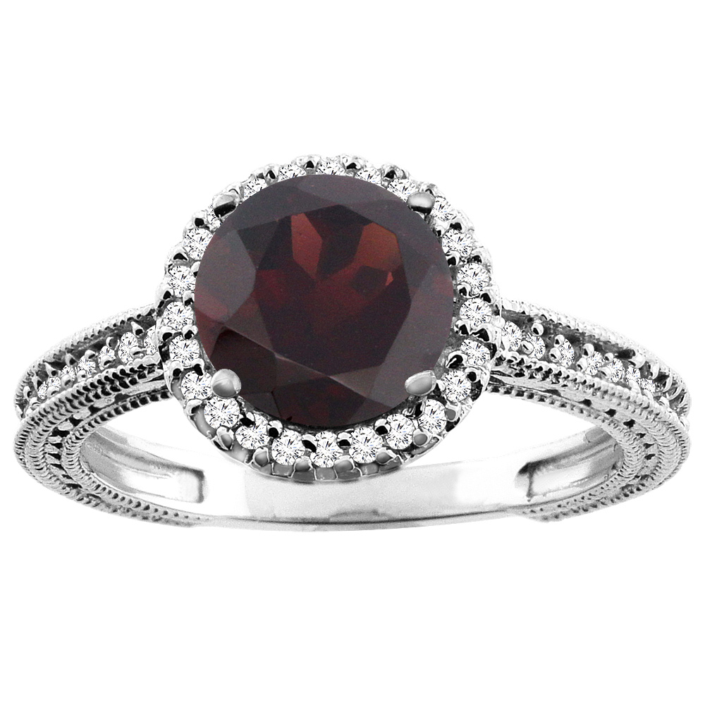 14K White/Yellow/Rose Gold Natural Garnet Ring Round 7mm Diamond Accent, sizes 5 - 10