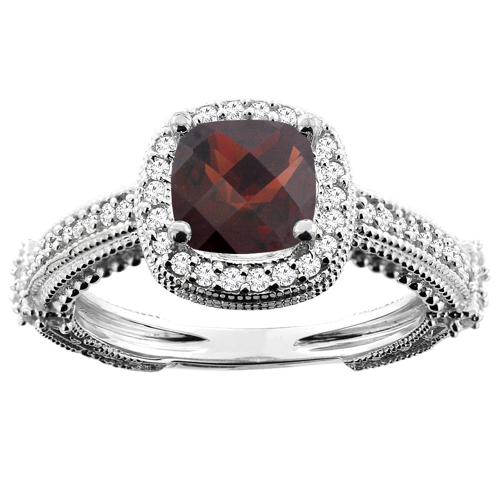 14K White/Yellow/Rose Gold Natural Garnet Ring Cushion 7x7mm Diamond Accent, sizes 5 - 10