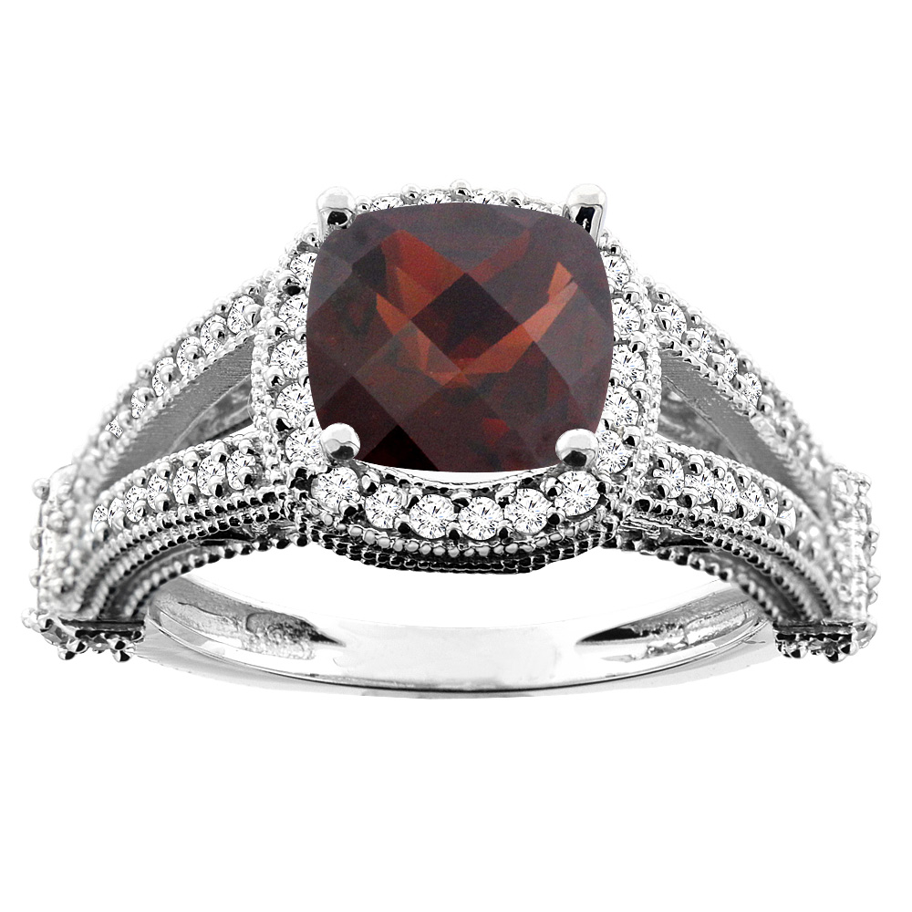 10K White/Yellow/Rose Gold Natural Garnet Split Shank Ring Cushion 7x7mm Diamond Accent, sizes 5 - 10