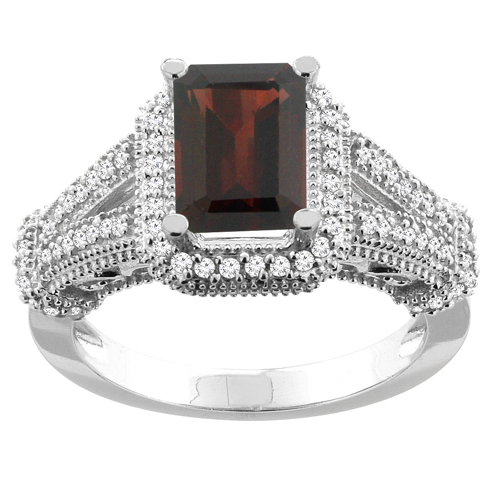 10K White/Yellow/Rose Gold Natural Garnet Ring Octagon 8x6mm Diamond Accent, sizes 5-10