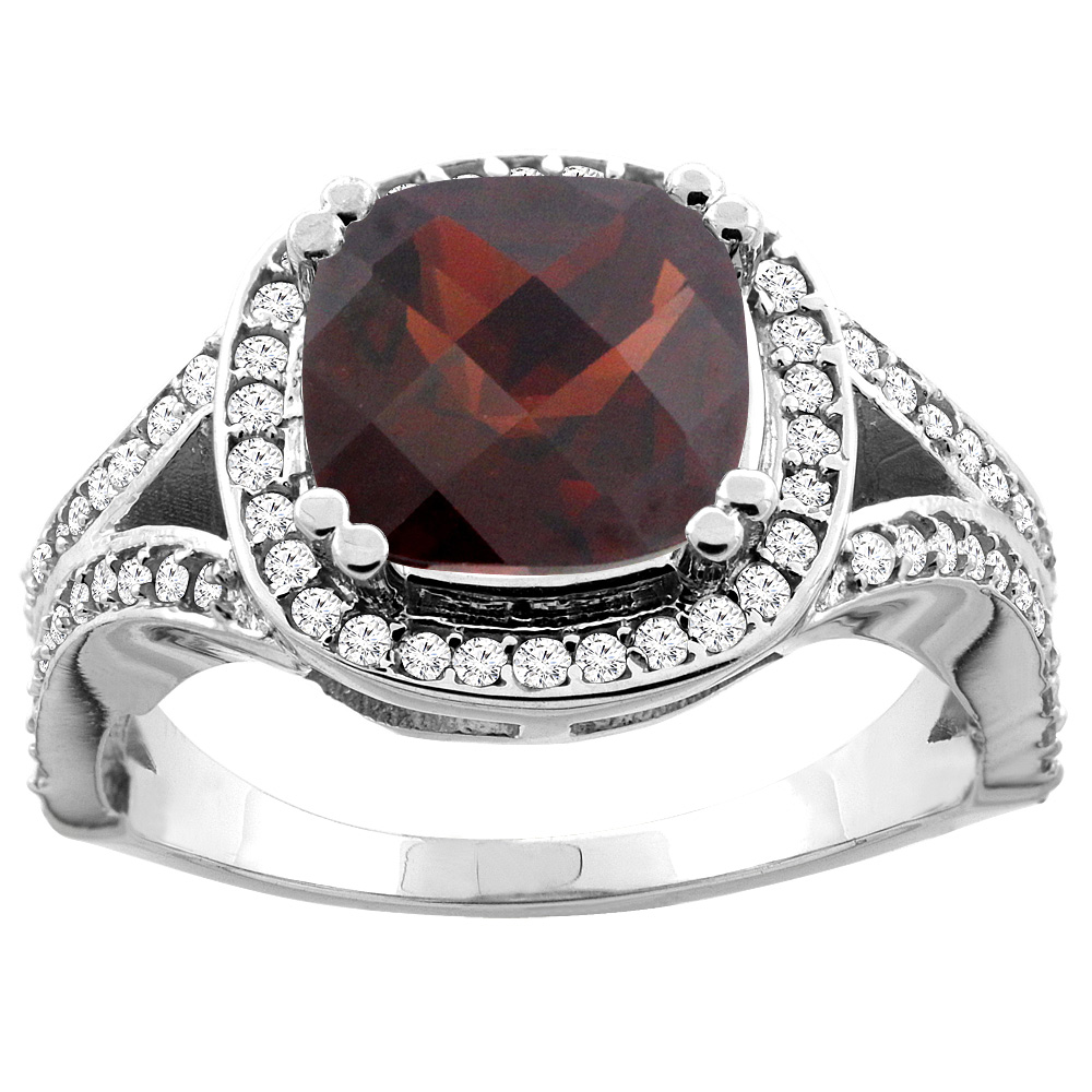 10K Yellow Gold Natural Garnet Split Ring Cushion 8x8mm Diamond Accent, sizes 5 - 10