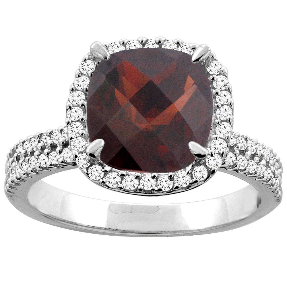 10K White/Yellow Gold Natural Garnet Halo Ring Cushion 9x9mm Diamond Accent, sizes 5 - 10