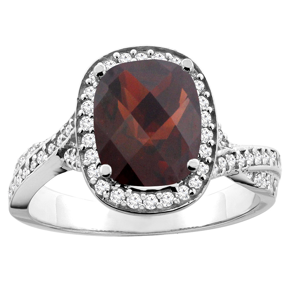 10K White/Yellow Gold Natural Garnet Halo Ring Cushion 9x7mm Diamond Accent, sizes 5 - 10