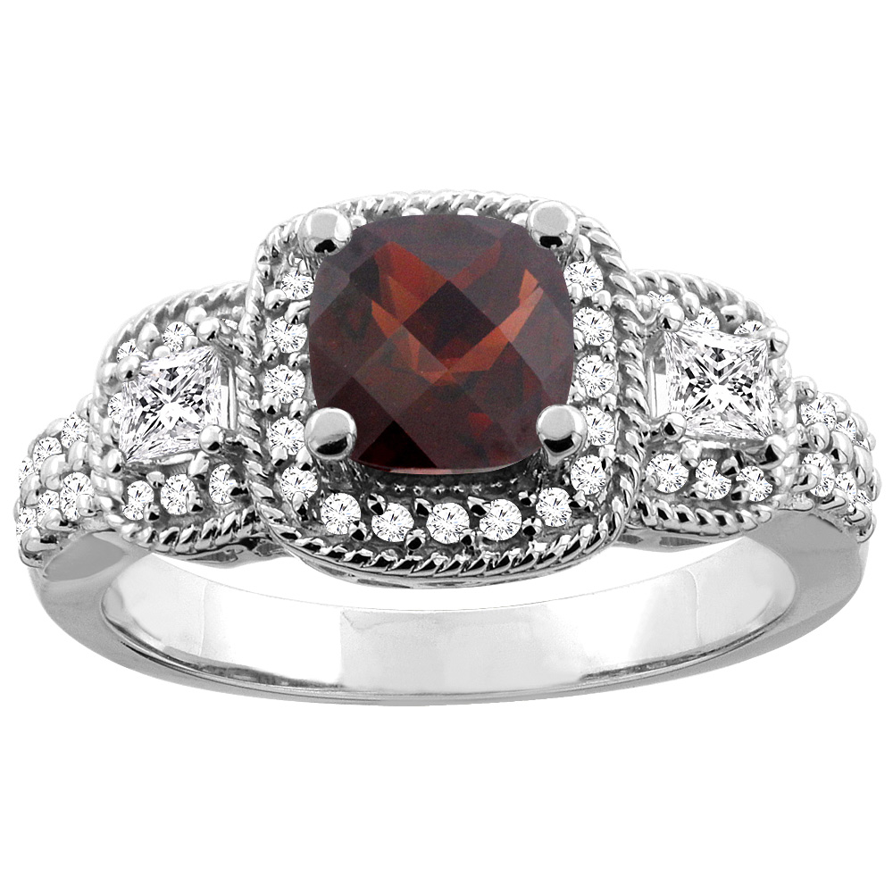 14K White/Yellow Gold Natural Garnet Ring Cushion-cut 6x6 mm Diamond Accent, sizes 5 - 10