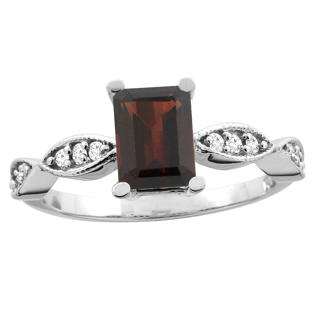 14K White/Yellow Gold Natural Garnet Ring Octagon 8x6mm Diamond Accent, sizes 5 - 10