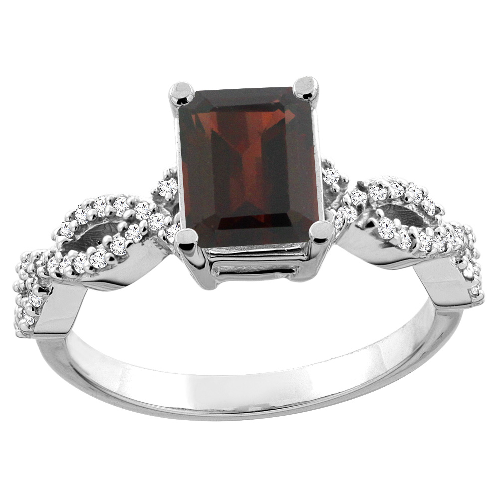 10K White/Yellow Gold/Yellow Gold Natural Garnet Ring Octagon 8x6mm Diamond Accent, sizes 5 - 10