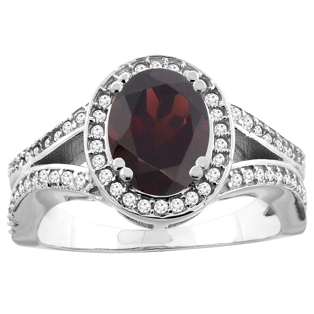 10K White/Yellow Gold Natural Garnet Split Ring Oval 8x6mm Diamond Accent, sizes 5 - 10