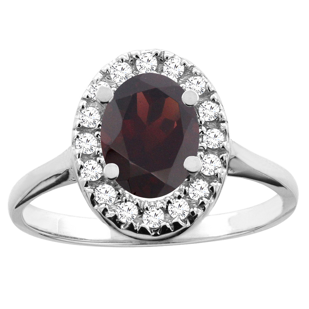 10K White/Yellow Gold Natural Garnet Ring Oval 8x6mm Diamond Accent, sizes 5 - 10