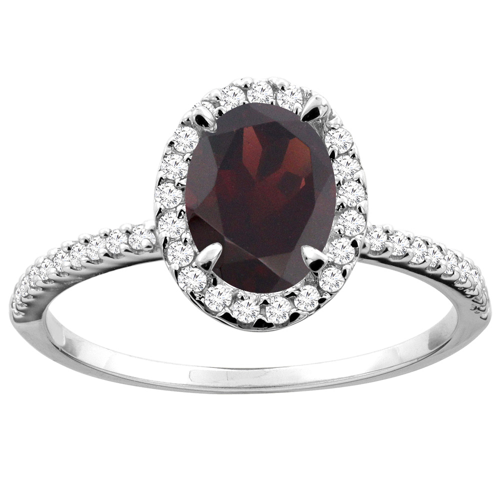 14K White/Yellow Gold Natural Garnet Ring Oval 8x6mm Diamond Accent, sizes 5 - 10