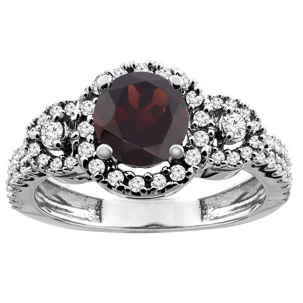 10K White/Yellow Gold Diamond Halo Natural Garnet Ring Round 6mm, sizes 5 - 10