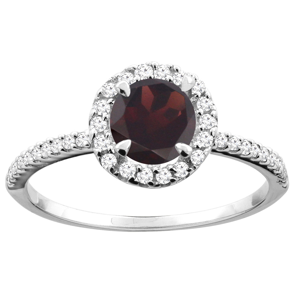 10K Gold Natural Garnet Ring Round 6mm Diamond Accents, sizes 5 - 10