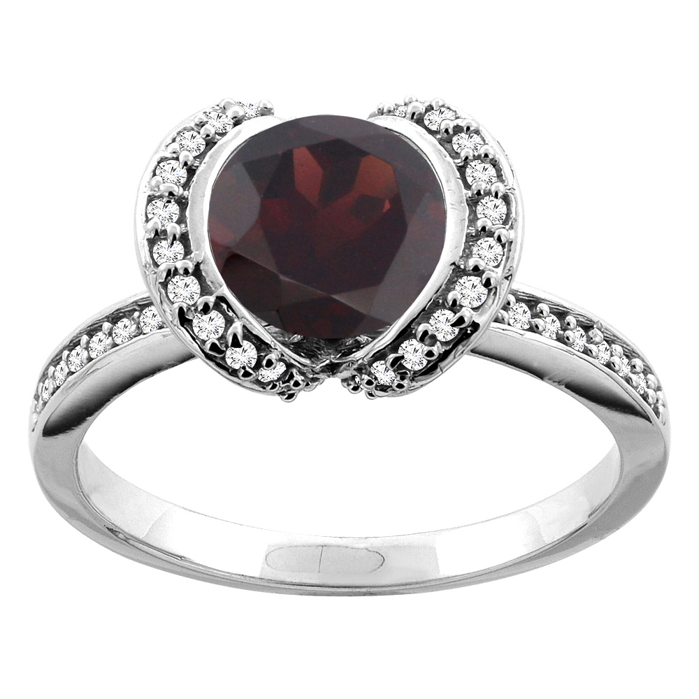 10K White/Yellow Gold Natural Garnet Ring Round 7mm Diamond Accent, sizes 5 - 10