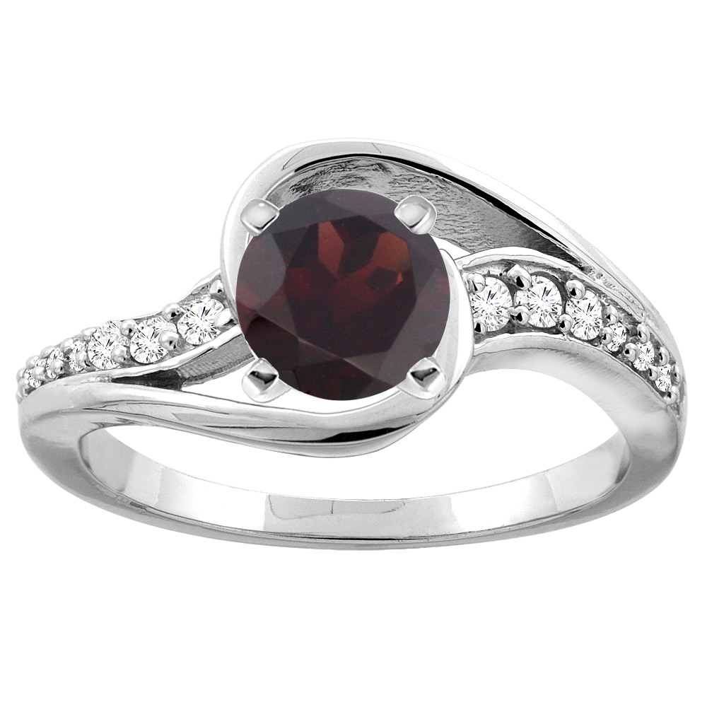 10K White/Yellow Gold Natural Garnet Bypass Ring Round 6mm Diamond Accent, sizes 5 - 10