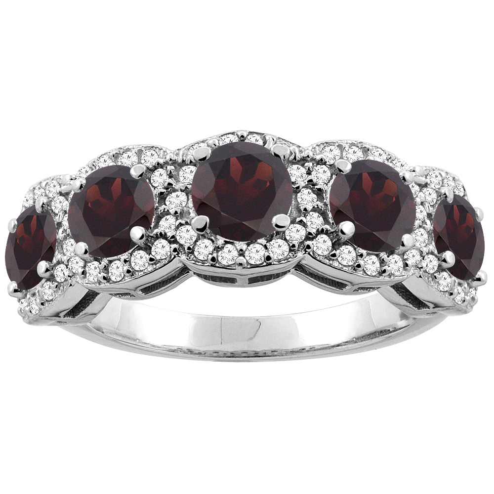 10K Gold Natural Garnet 5-Stone Ring Round 4mm, sizes 5 - 10