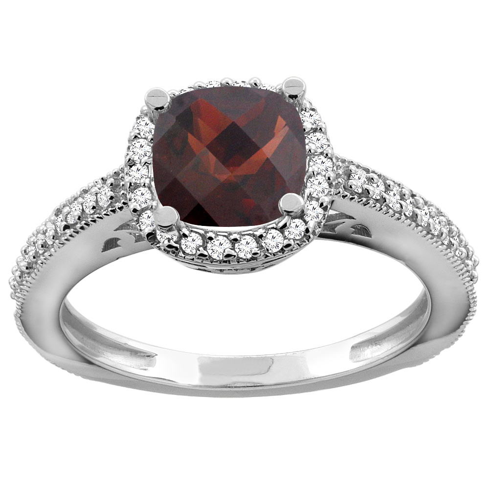 14K Gold Natural Garnet Engagement Ring Diamond Halo Cushion 7mm, sizes 5 - 10