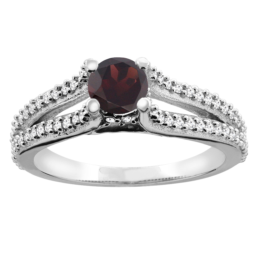 10K White Gold Natural Garnet Engagement Split Shank Ring Round 5mm Diamond Accents, sizes 5 - 10