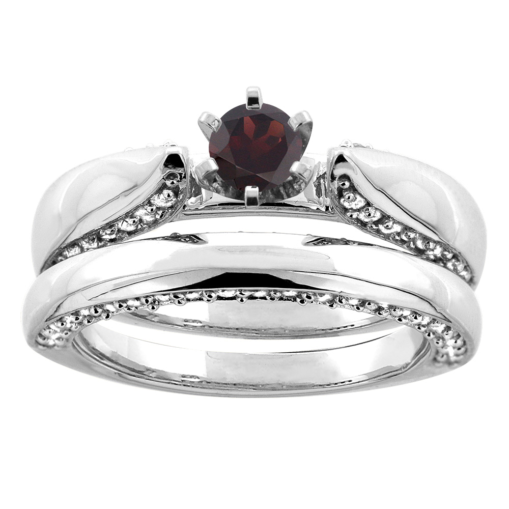 10K White Gold Natural Garnet 2-piece Bridal Ring Set Diamond Accents Round 5mm, sizes 5 - 10