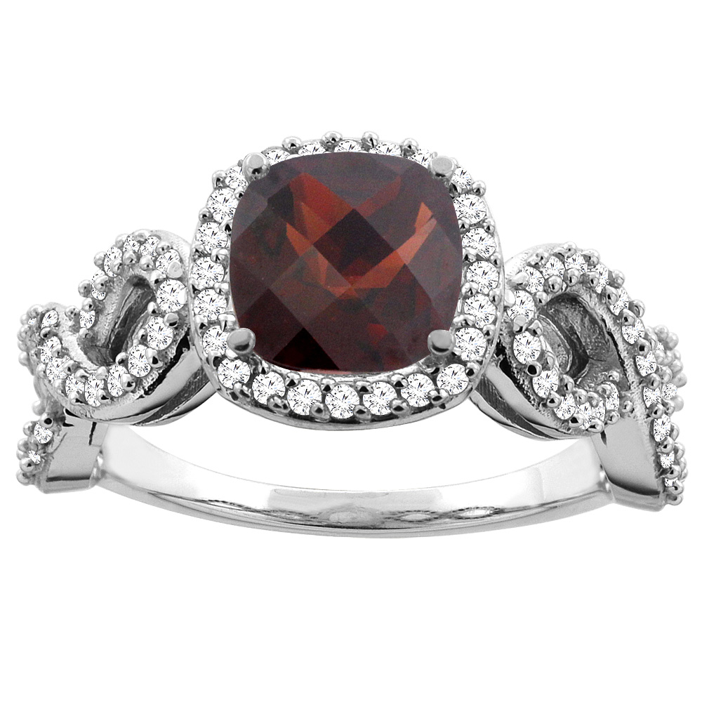 14K White Gold Natural 7mm Cushion Cut Garnet Engagement Ring for Women Eternity Pattern Diamond Accent sizes 5-10