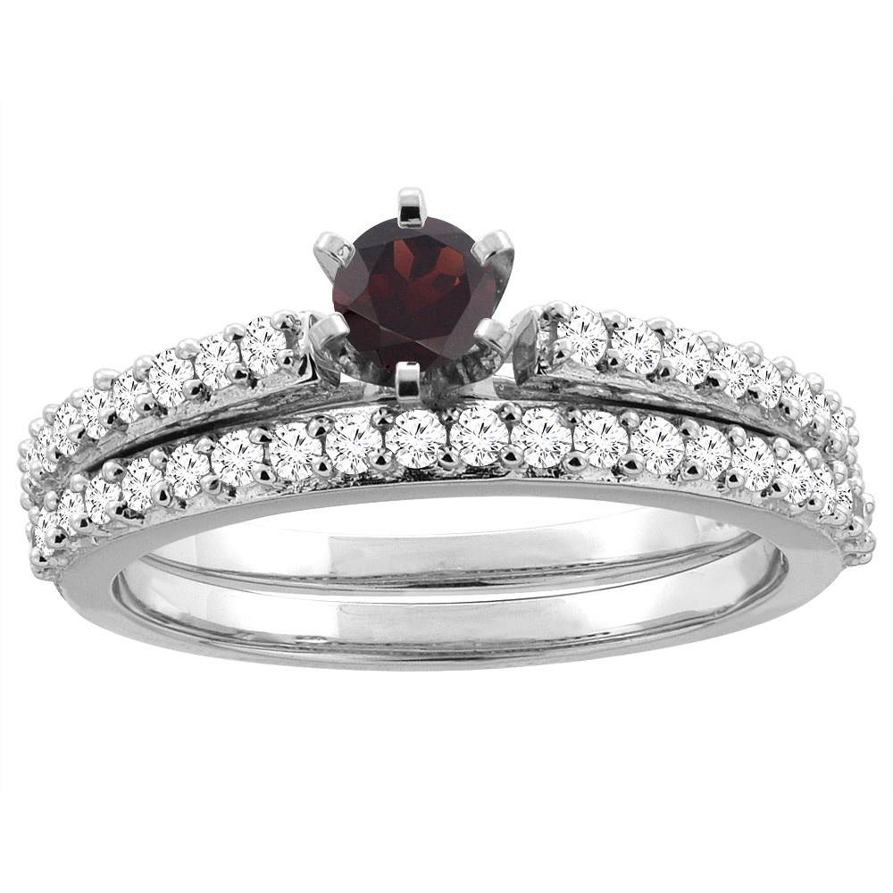 14K White Gold Natural Garnet 2-piece Bridal Ring Set Round 4mm, sizes 5 - 10