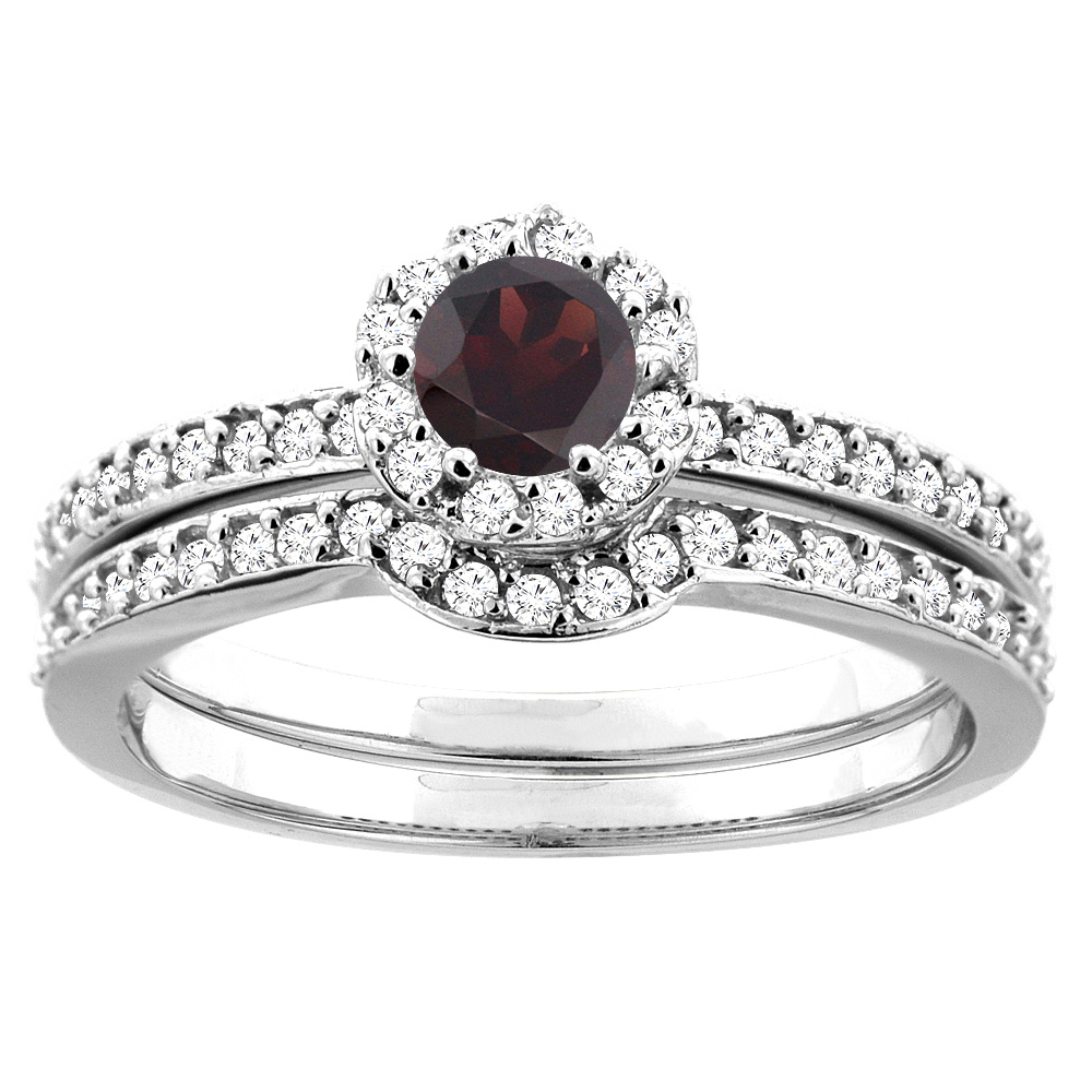 10K White Gold Natural Garnet 2-pc Bridal Ring Set Diamond Accent Round 4mm, sizes 5 - 10