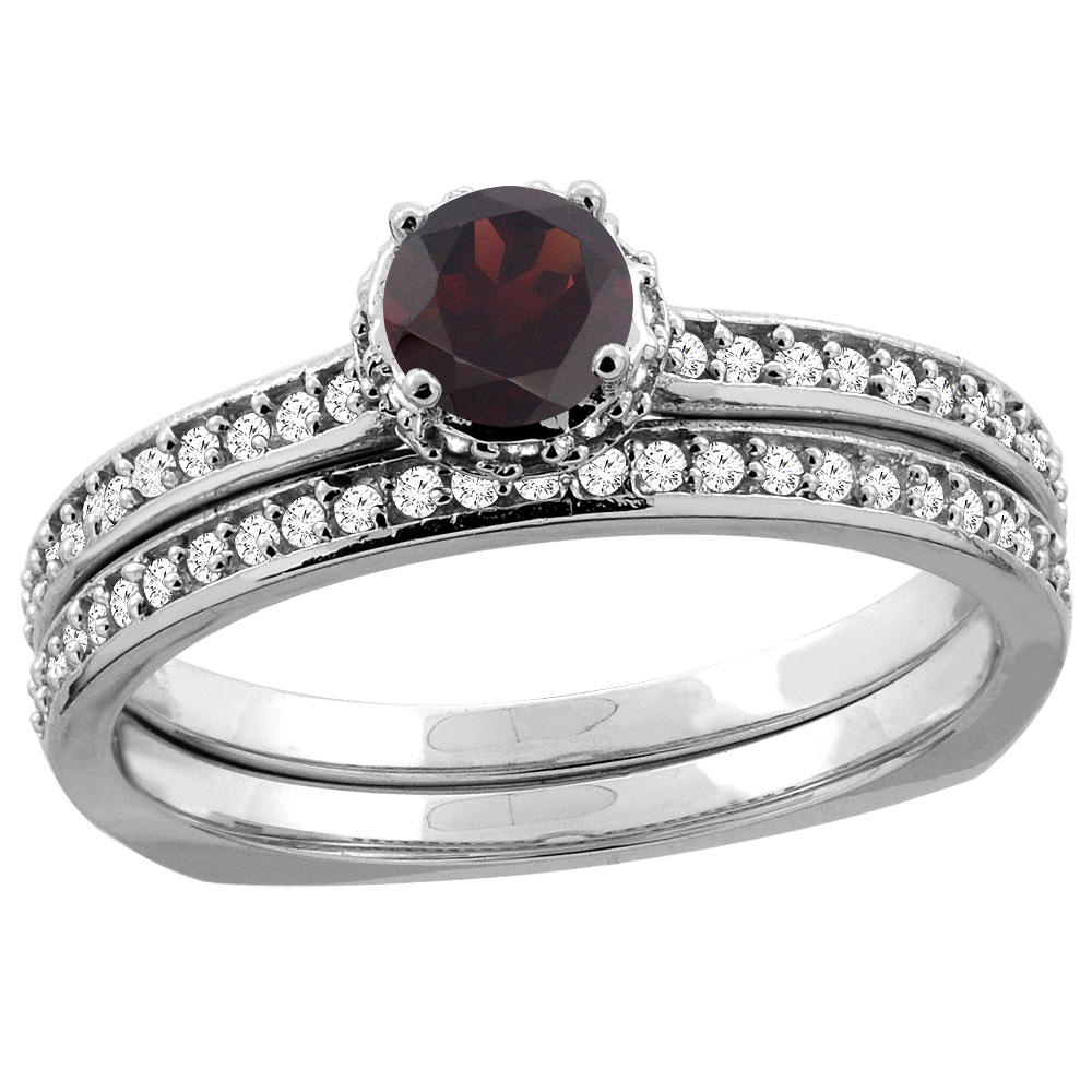 14K White Gold Diamond Natural Garnet 2-pc Bridal Ring Set Round 4mm, sizes 5 - 10