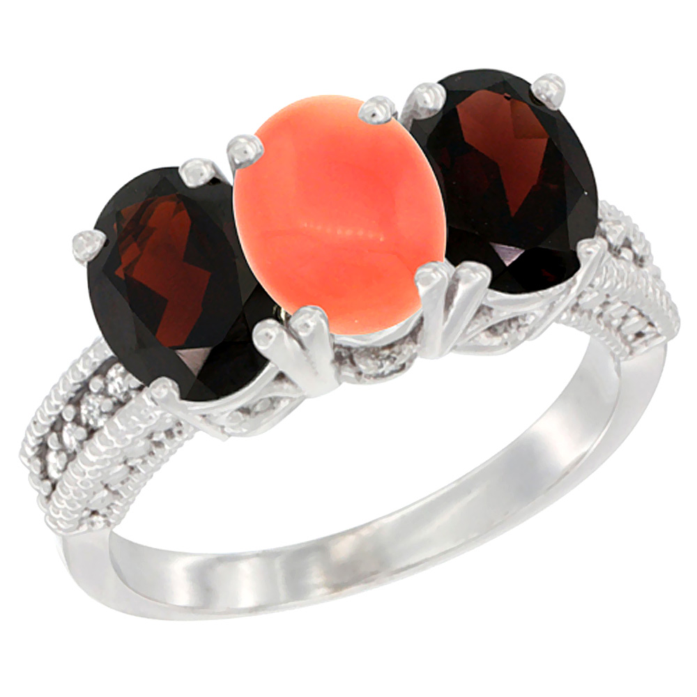 10K White Gold Natural Coral & Garnet Sides Ring 3-Stone Oval 7x5 mm Diamond Accent, sizes 5 - 10