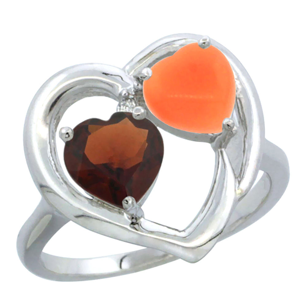 14K White Gold Diamond Two-stone Heart Ring 6mm Natural Garnet &amp; Coral, sizes 5-10