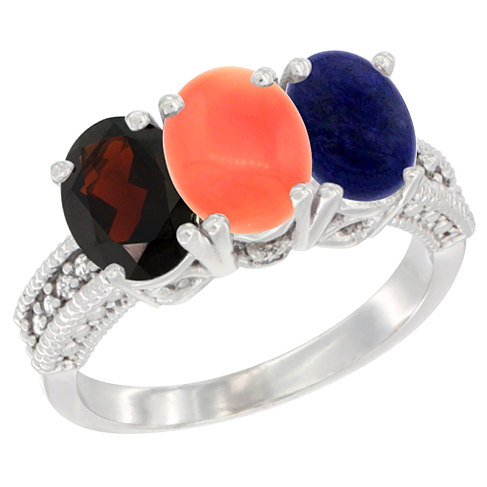 14K White Gold Natural Garnet, Coral &amp; Lapis Ring 3-Stone 7x5 mm Oval Diamond Accent, sizes 5 - 10