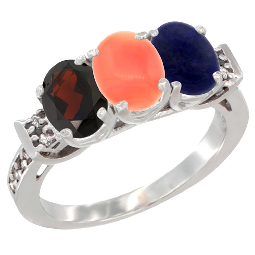 10K White Gold Natural Garnet, Coral &amp; Lapis Ring 3-Stone Oval 7x5 mm Diamond Accent, sizes 5 - 10