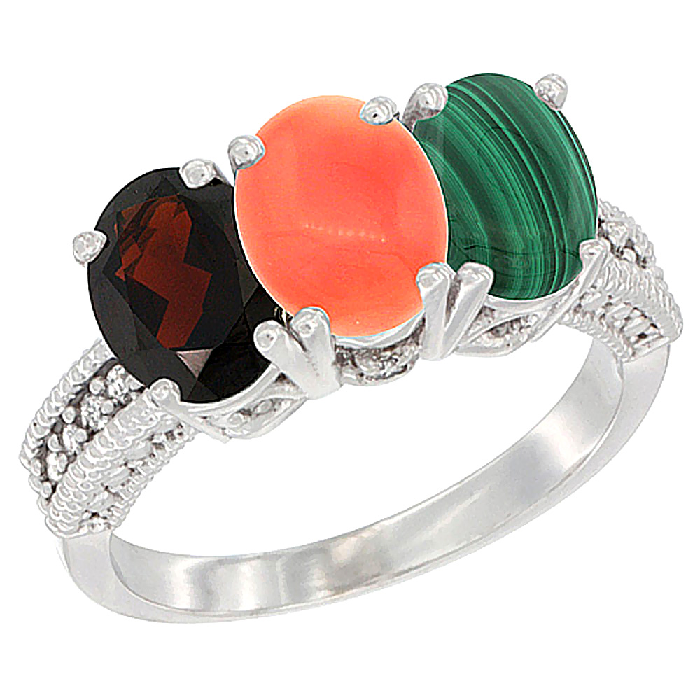 14K White Gold Natural Garnet, Coral & Malachite Ring 3-Stone 7x5 mm Oval Diamond Accent, sizes 5 - 10