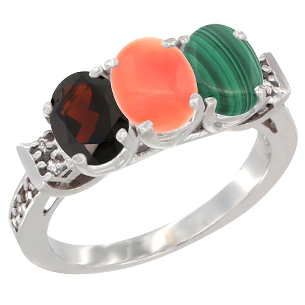 14K White Gold Natural Garnet, Coral & Malachite Ring 3-Stone 7x5 mm Oval Diamond Accent, sizes 5 - 10