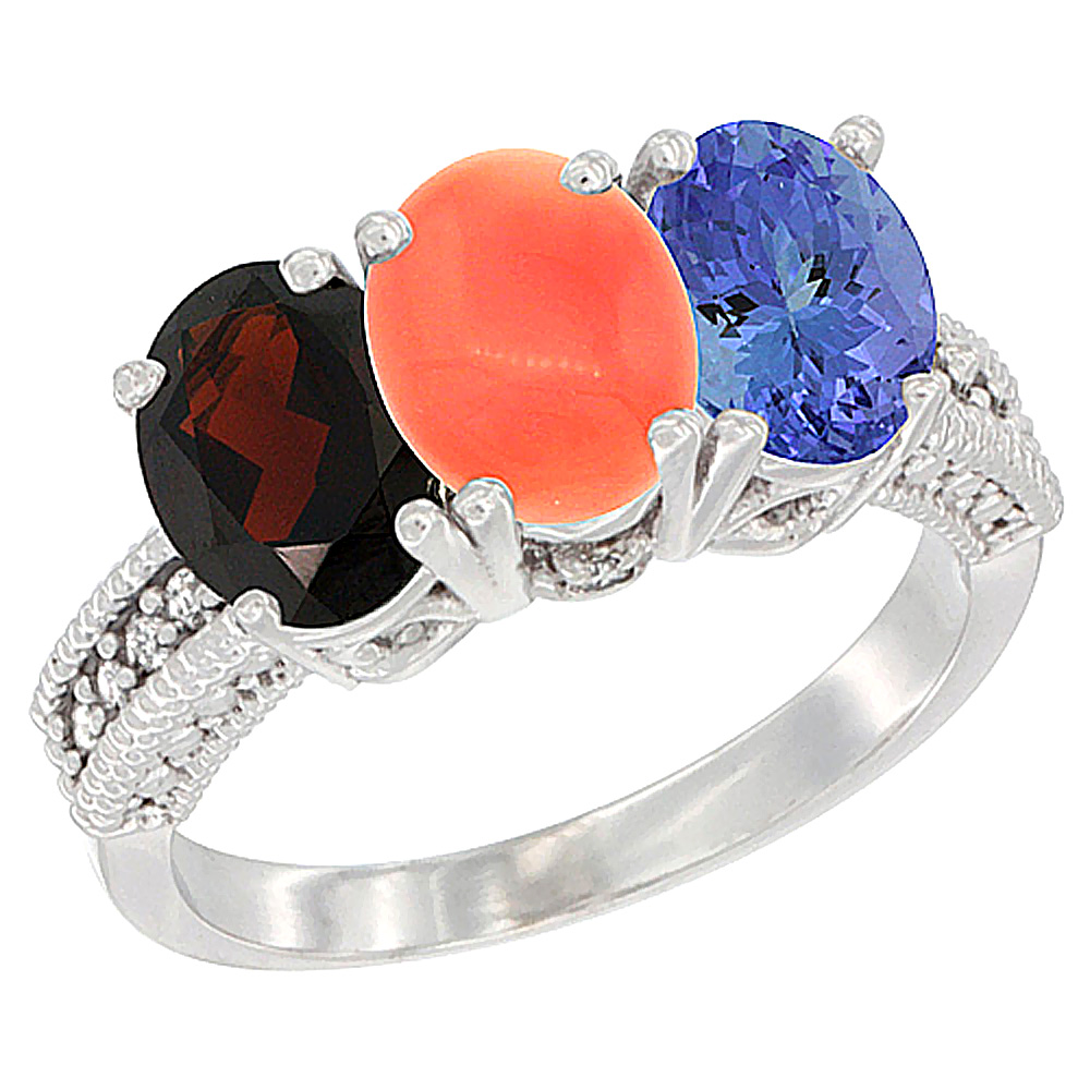 14K White Gold Natural Garnet, Coral & Tanzanite Ring 3-Stone 7x5 mm Oval Diamond Accent, sizes 5 - 10