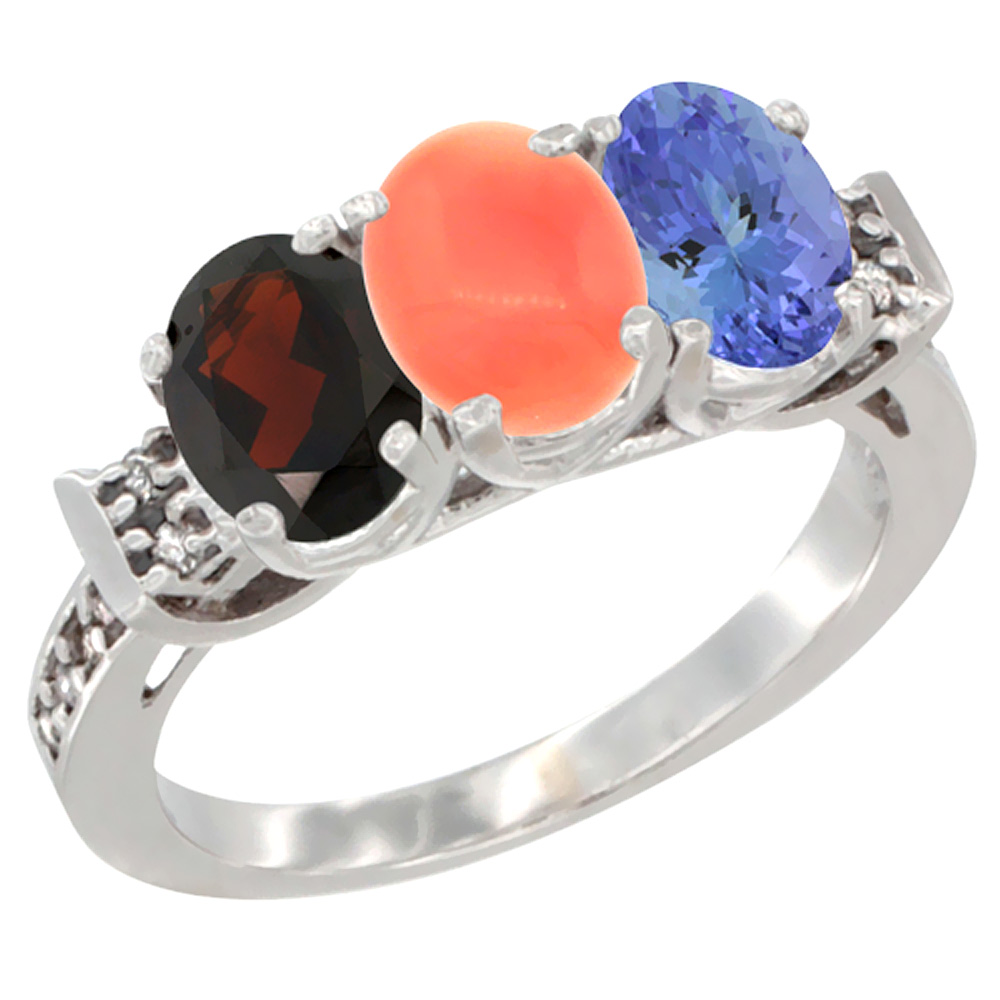 14K White Gold Natural Garnet, Coral & Tanzanite Ring 3-Stone 7x5 mm Oval Diamond Accent, sizes 5 - 10