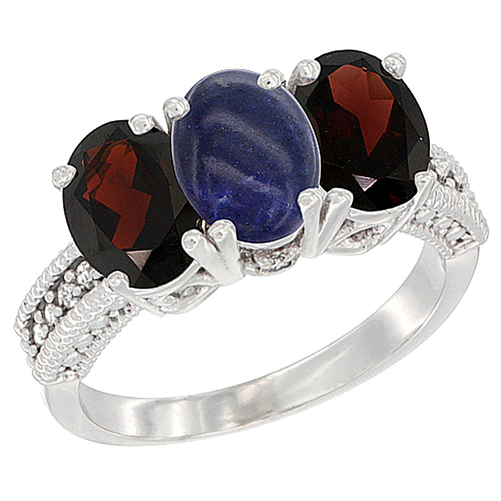 14K White Gold Natural Lapis & Garnet Sides Ring 3-Stone 7x5 mm Oval Diamond Accent, sizes 5 - 10