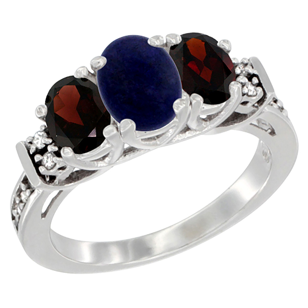 14K White Gold Natural Lapis & Garnet Ring 3-Stone Oval Diamond Accent, sizes 5-10