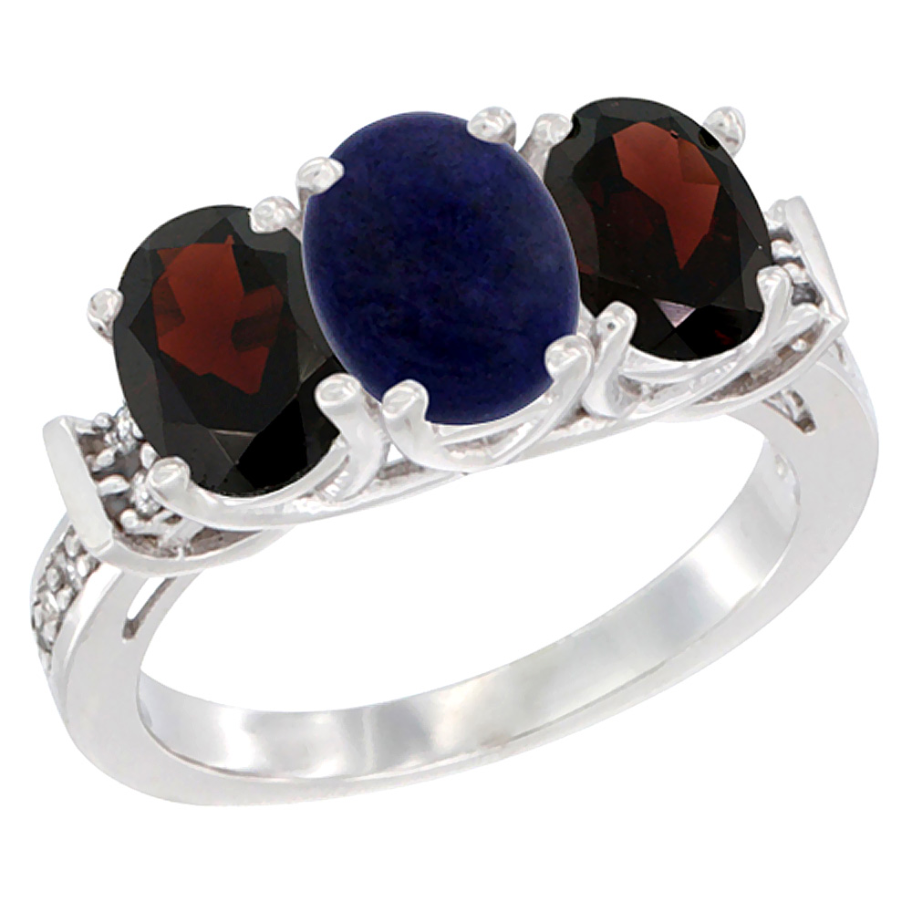 10K White Gold Natural Lapis & Garnet Sides Ring 3-Stone Oval Diamond Accent, sizes 5 - 10