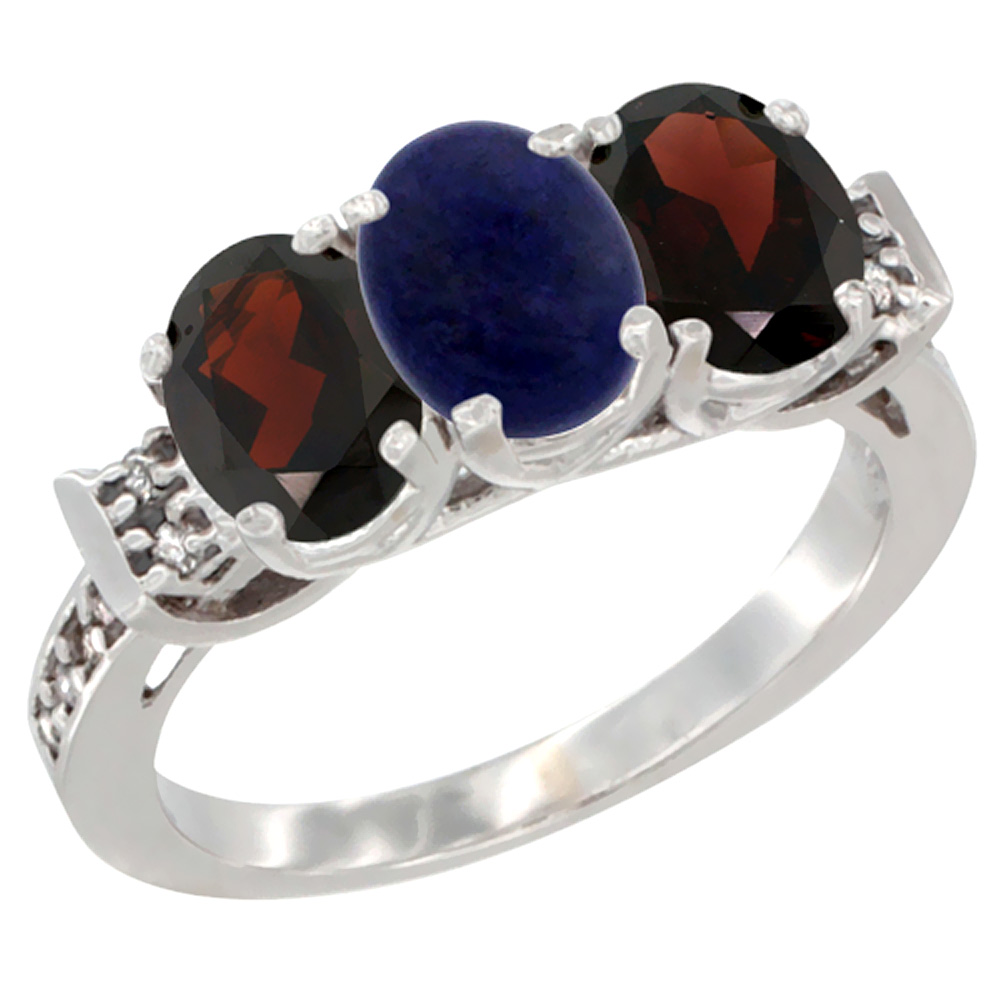 10K White Gold Natural Lapis & Garnet Sides Ring 3-Stone Oval 7x5 mm Diamond Accent, sizes 5 - 10