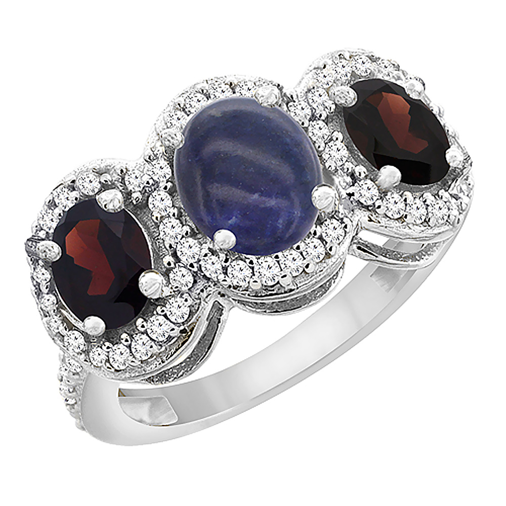 10K White Gold Natural Lapis & Garnet 3-Stone Ring Oval Diamond Accent, sizes 5 - 10