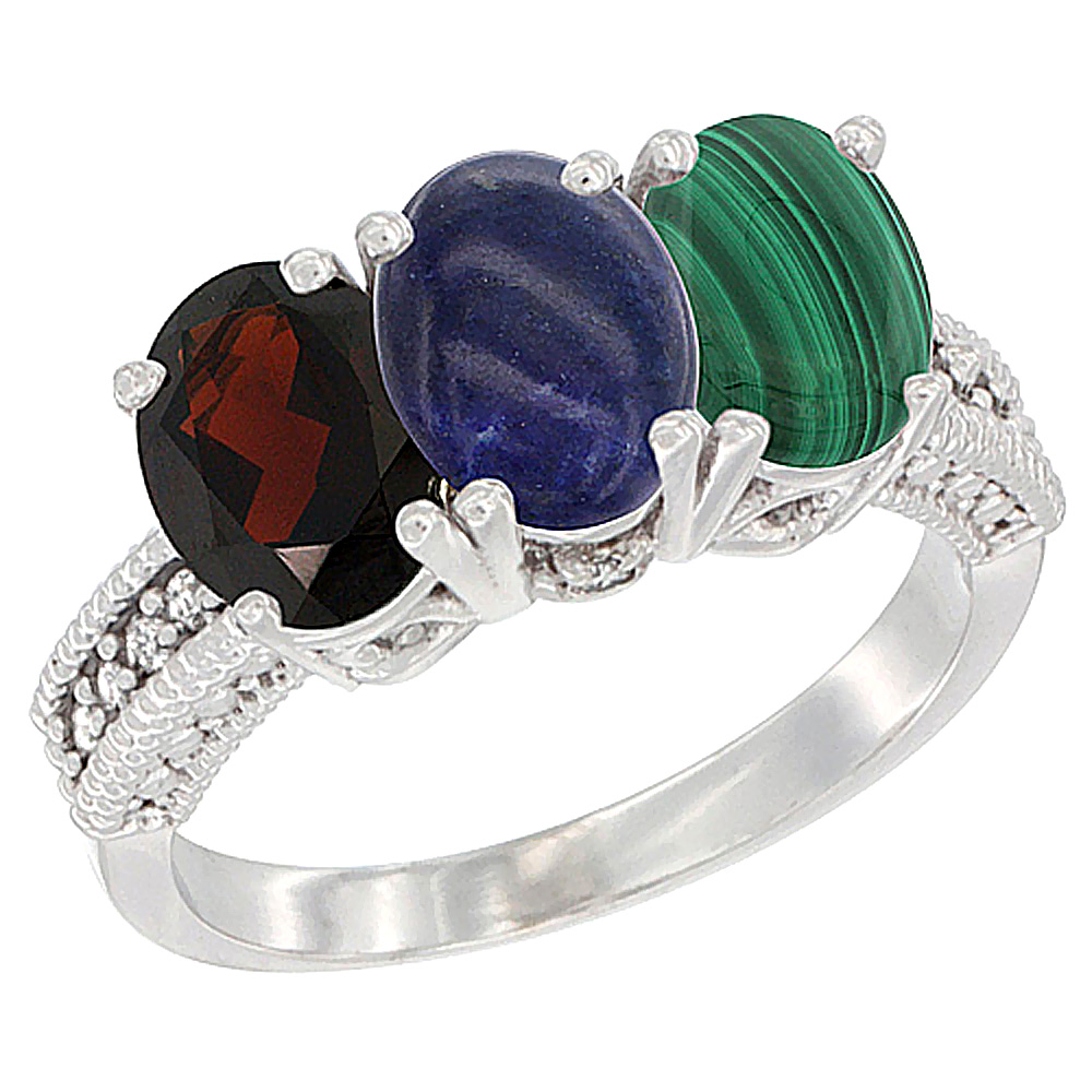 14K White Gold Natural Garnet, Lapis & Malachite Ring 3-Stone 7x5 mm Oval Diamond Accent, sizes 5 - 10