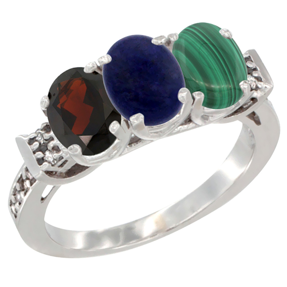 10K White Gold Natural Garnet, Lapis & Malachite Ring 3-Stone Oval 7x5 mm Diamond Accent, sizes 5 - 10