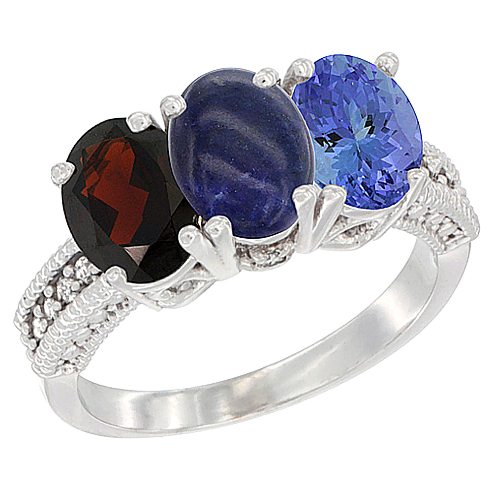 14K White Gold Natural Garnet, Lapis & Tanzanite Ring 3-Stone 7x5 mm Oval Diamond Accent, sizes 5 - 10