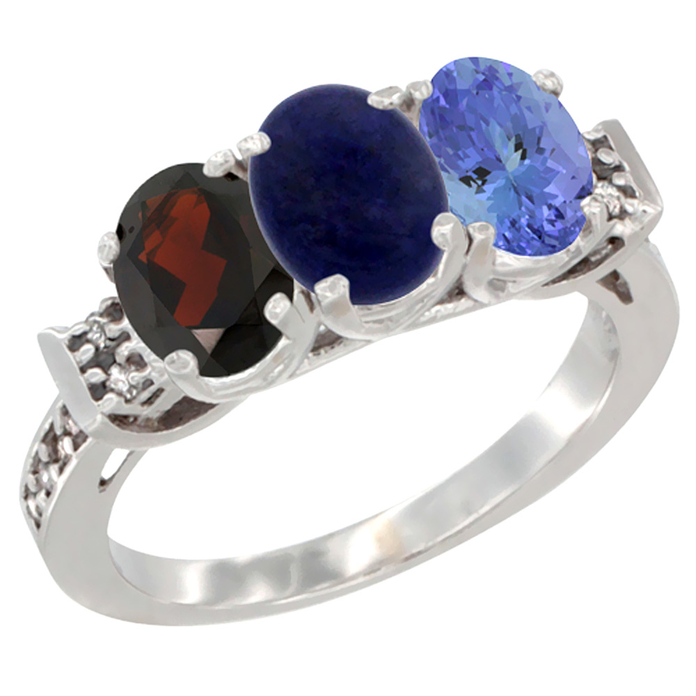 14K White Gold Natural Garnet, Lapis & Tanzanite Ring 3-Stone 7x5 mm Oval Diamond Accent, sizes 5 - 10