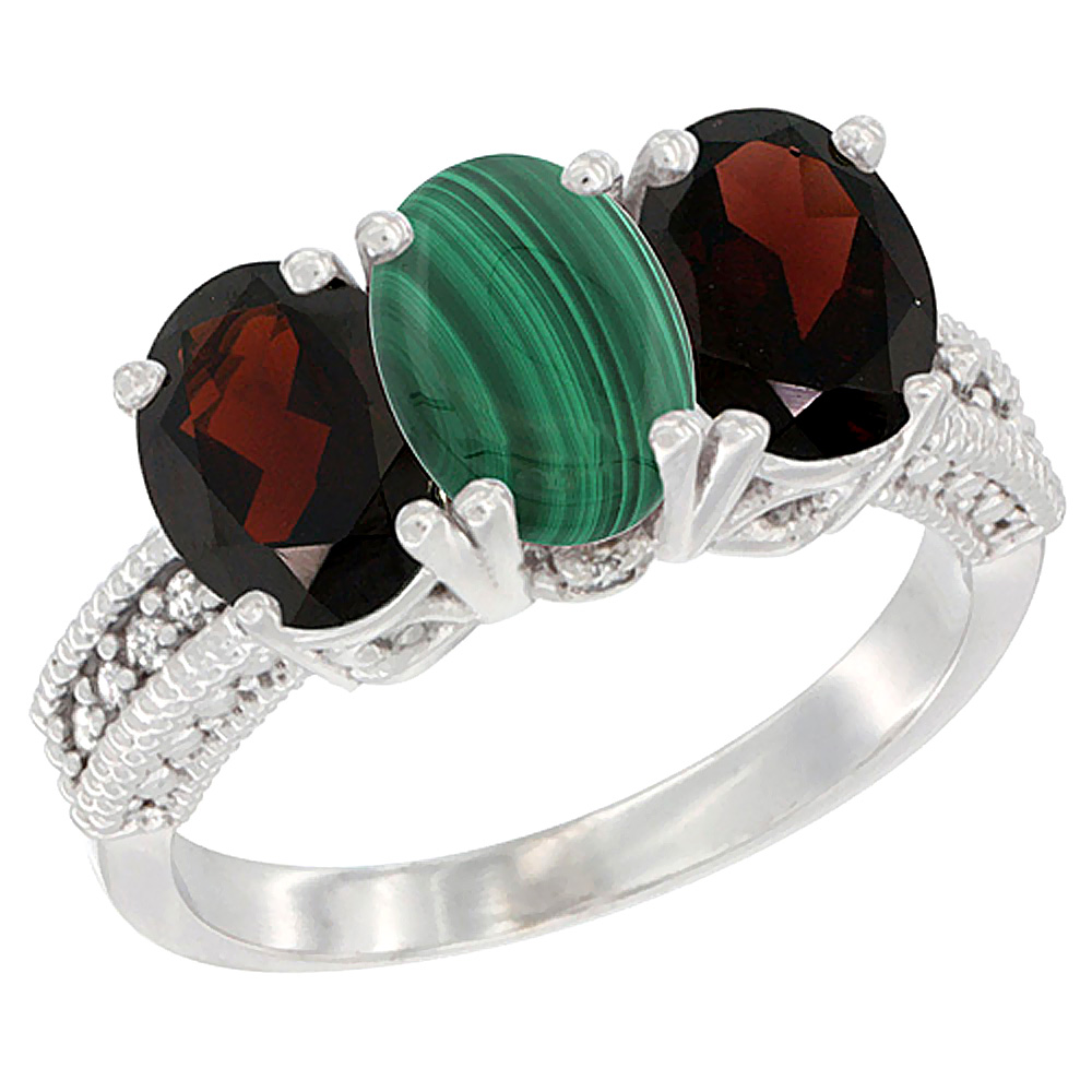 14K White Gold Natural Malachite & Garnet Sides Ring 3-Stone 7x5 mm Oval Diamond Accent, sizes 5 - 10