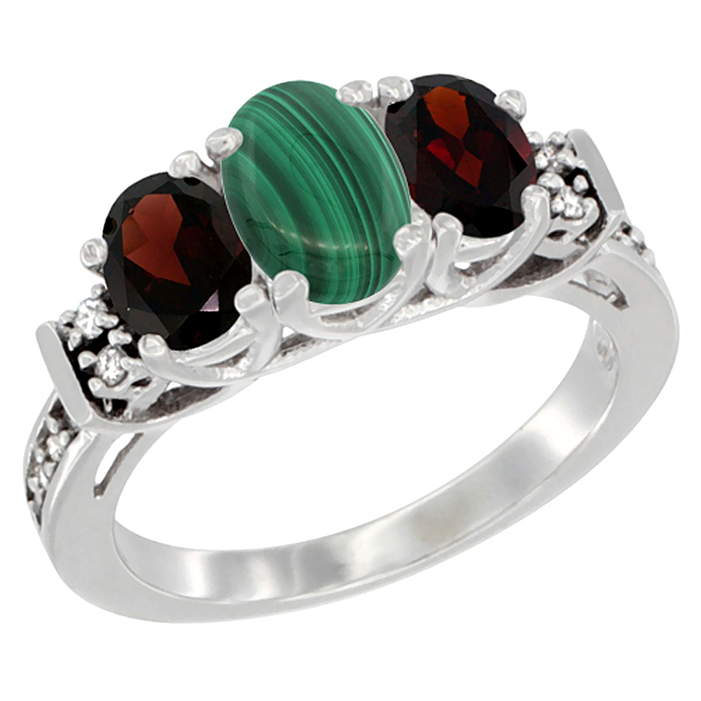 10K White Gold Natural Malachite & Garnet Ring 3-Stone Oval Diamond Accent, sizes 5-10