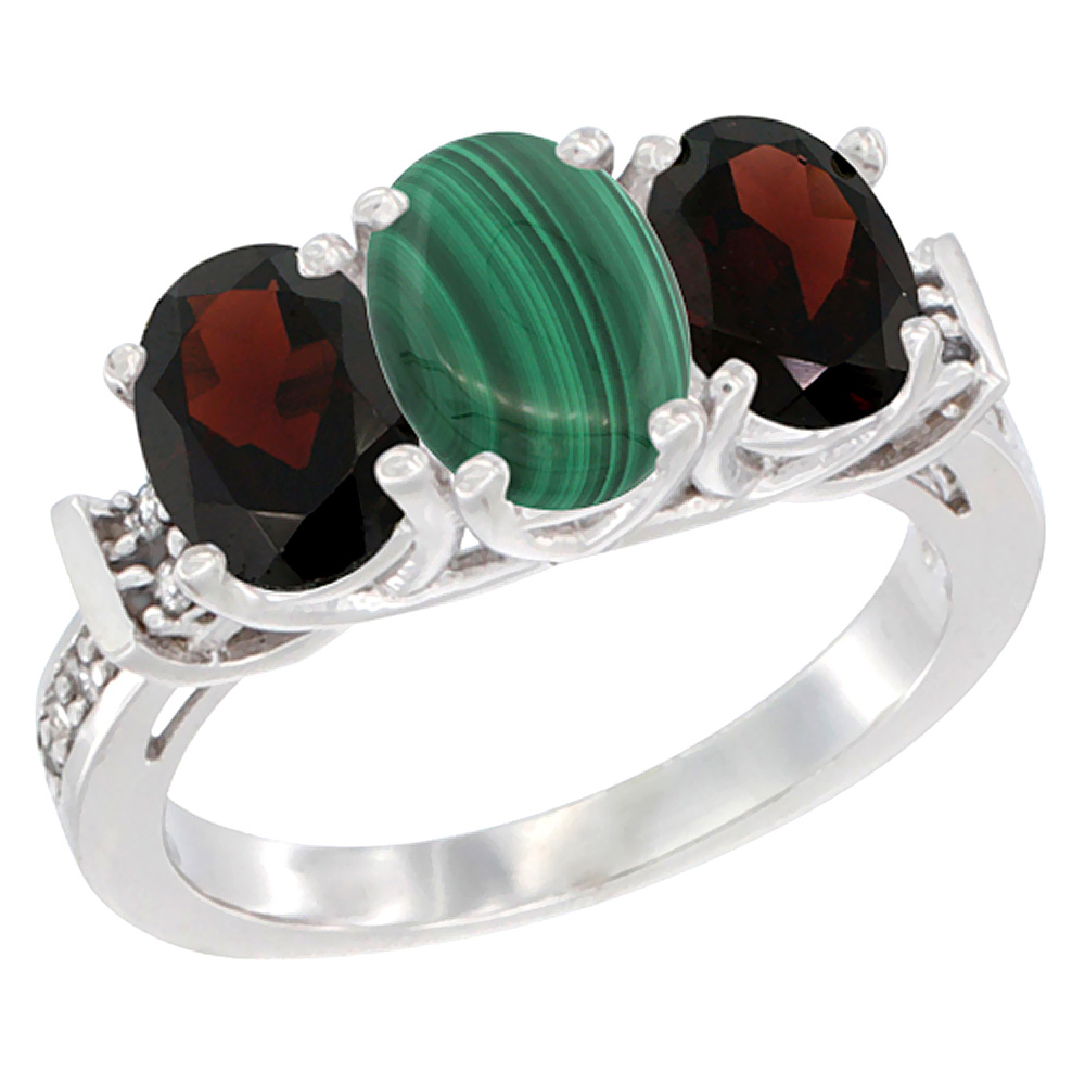 14K White Gold Natural Malachite & Garnet Sides Ring 3-Stone Oval Diamond Accent, sizes 5 - 10