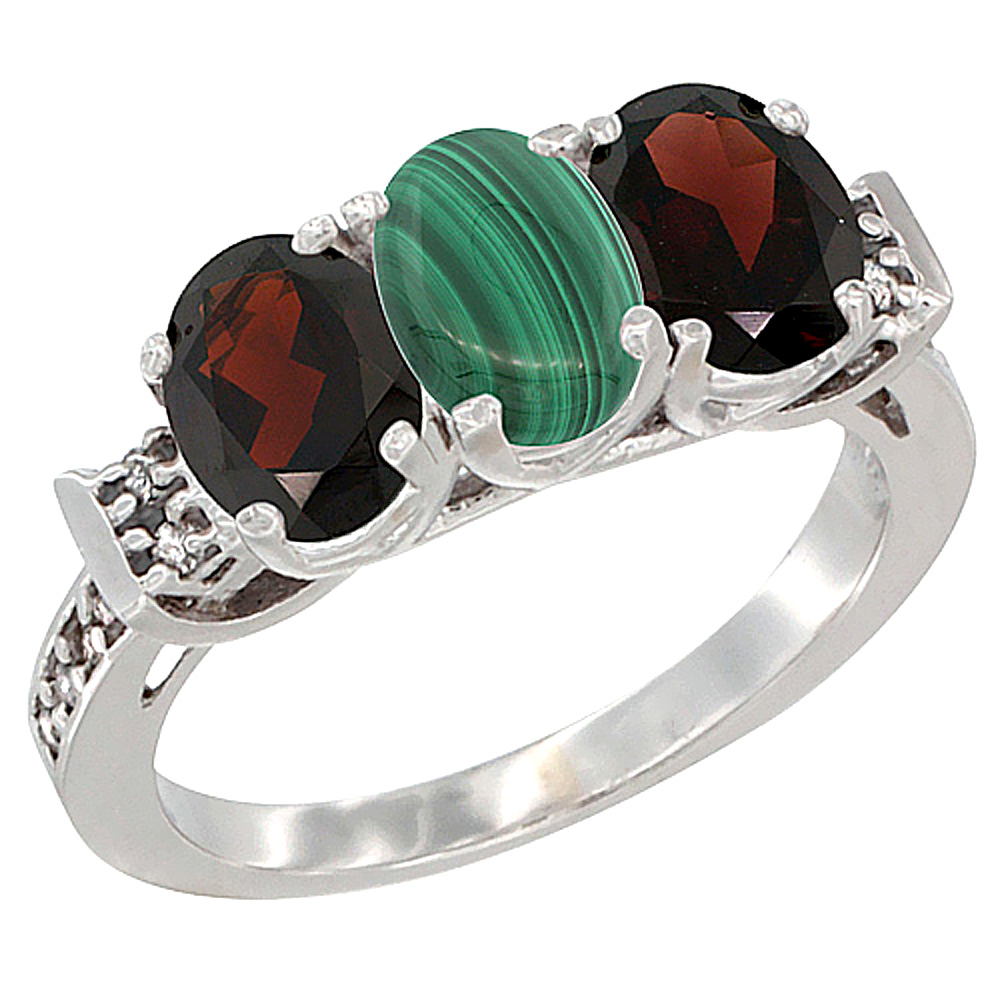 14K White Gold Natural Malachite & Garnet Sides Ring 3-Stone 7x5 mm Oval Diamond Accent, sizes 5 - 10