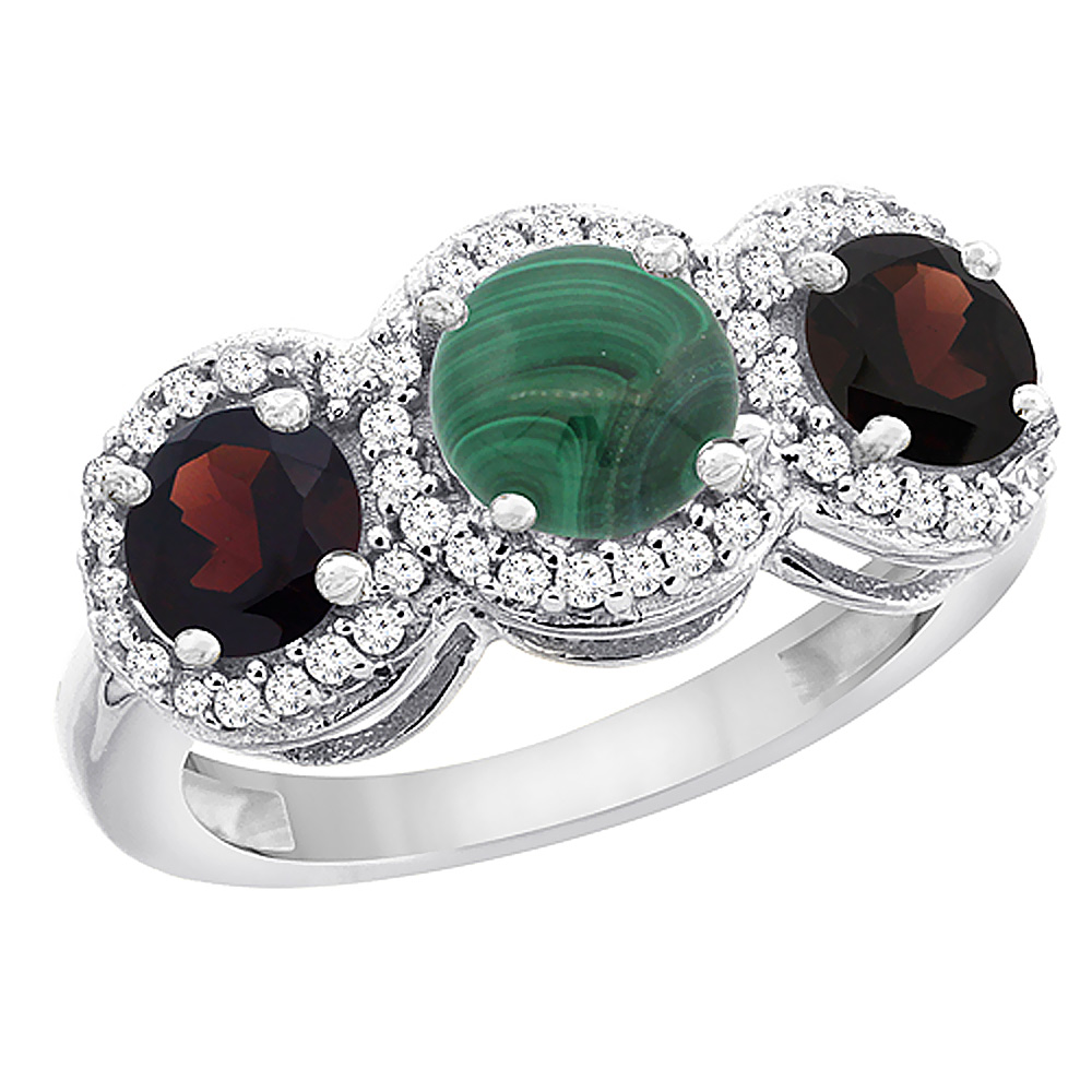 14K White Gold Natural Malachite & Garnet Sides Round 3-stone Ring Diamond Accents, sizes 5 - 10